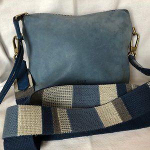 Fossil Maya small blue nubuck crossbody bag with striped canvas strap